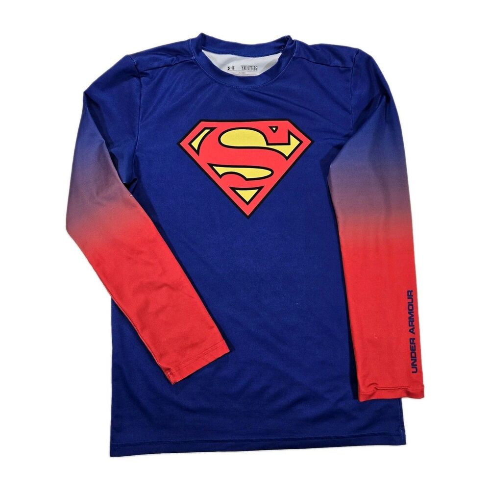 Boys Under Armour Superman Long Sleeve T Shirt Fitted Youth XL Blue Red
